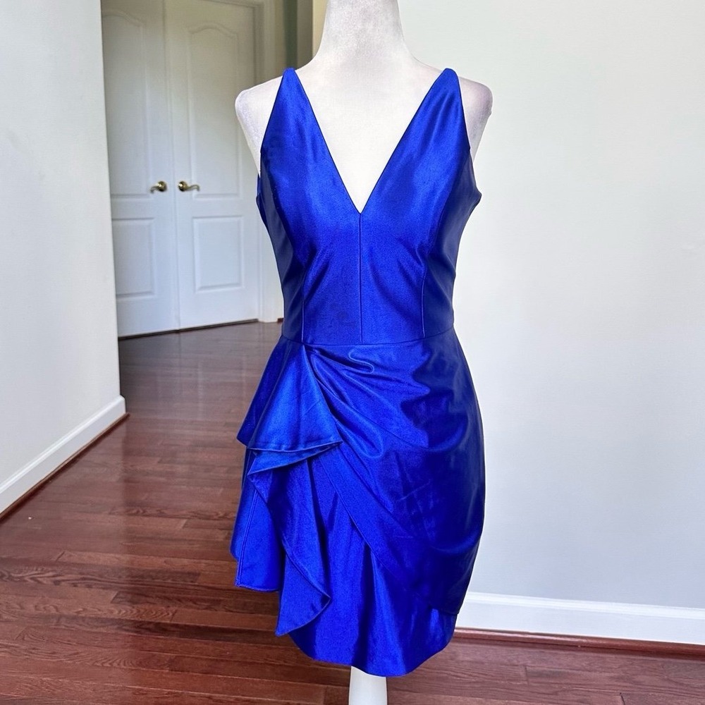 Blondie Nites Stacy Sklar Royal Blue Satin Ruched Draped Cocktail Mini Dress